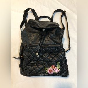 EUC Black Faux Leather Backpack w/Floral Embroidery